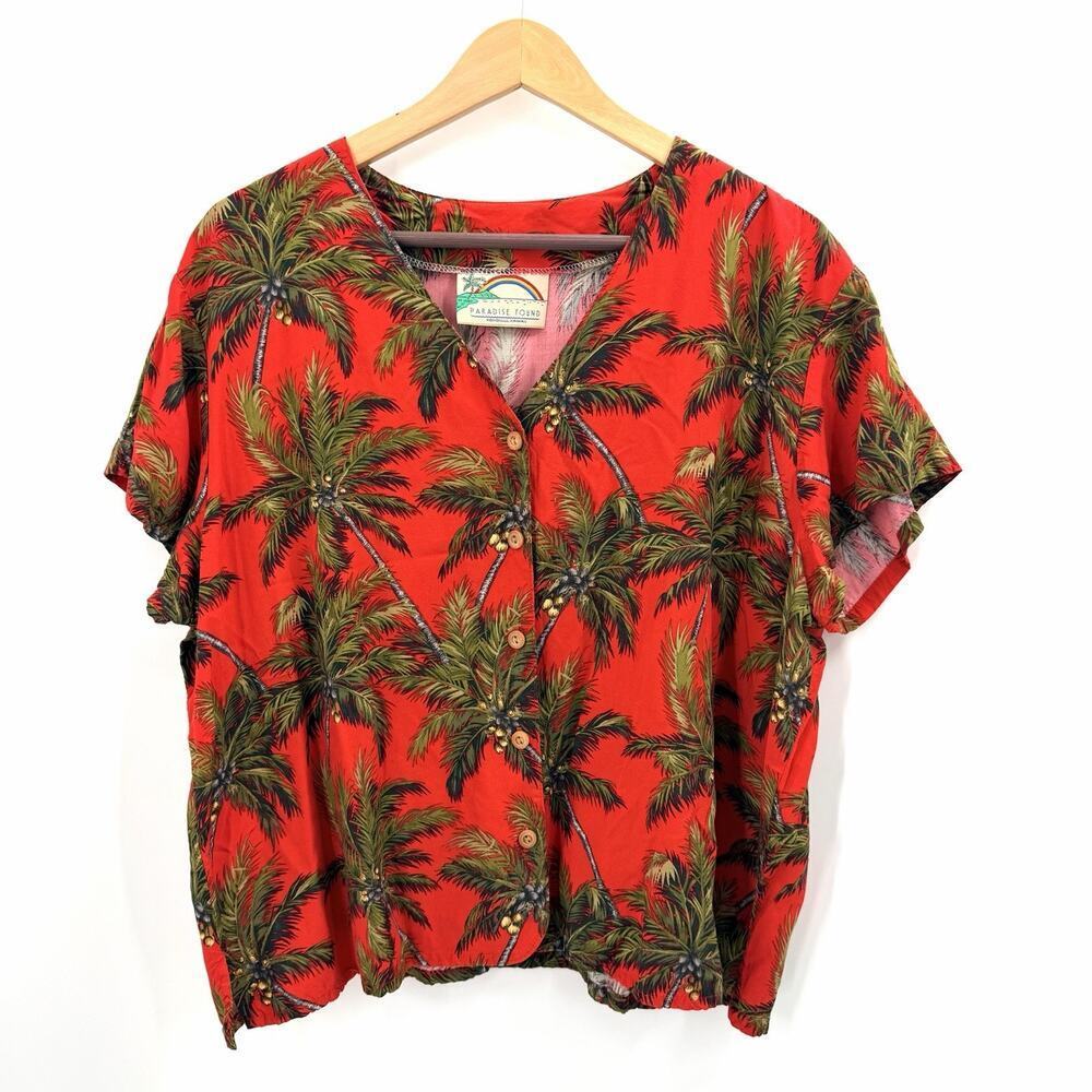 Paradise Found Red & Green Palm Tree Print Hawaiian Button Down Shirt Womens L